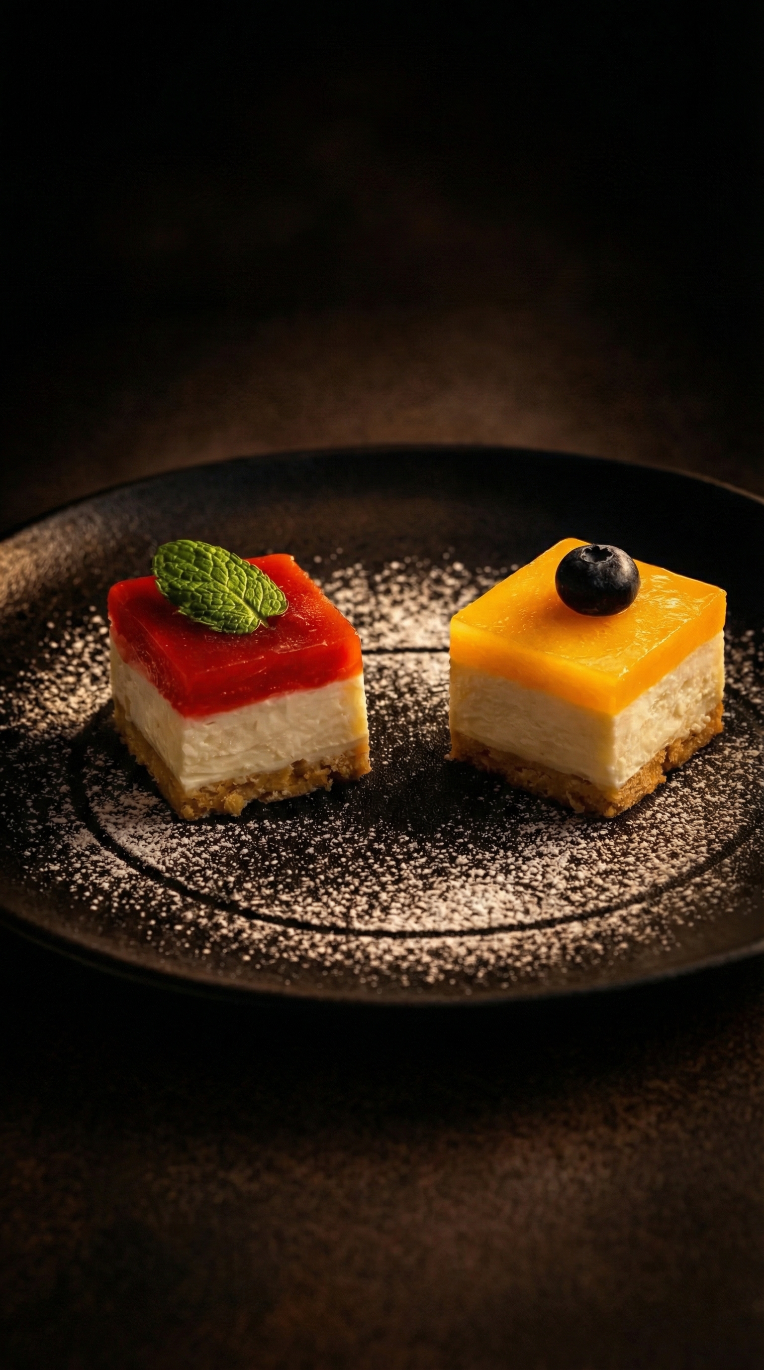 Cheesecake bars with mango and strawberry